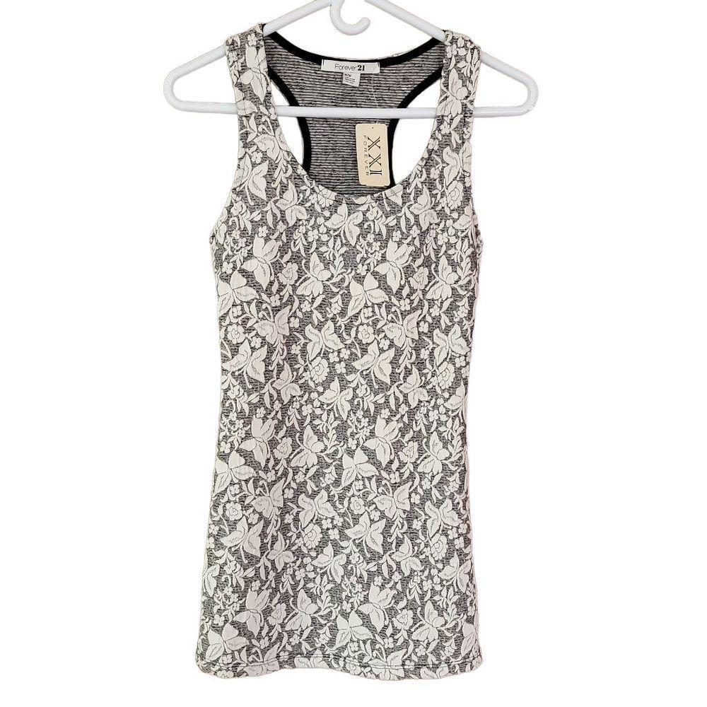 NWT Gray & Cream Butterfly Floral Knit Racerback Tunic Tank Top